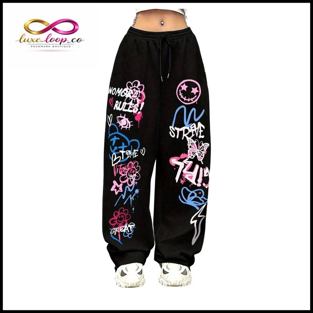 Women's Straight Leg Trousers with Drawstring Waist Letter Graphic Hip Hop Pants